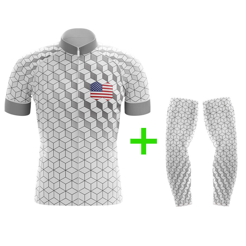Cool Cycling Jersey With Arm Sleeves USA V8 Gradient White Grey American Mens Bike Jersey