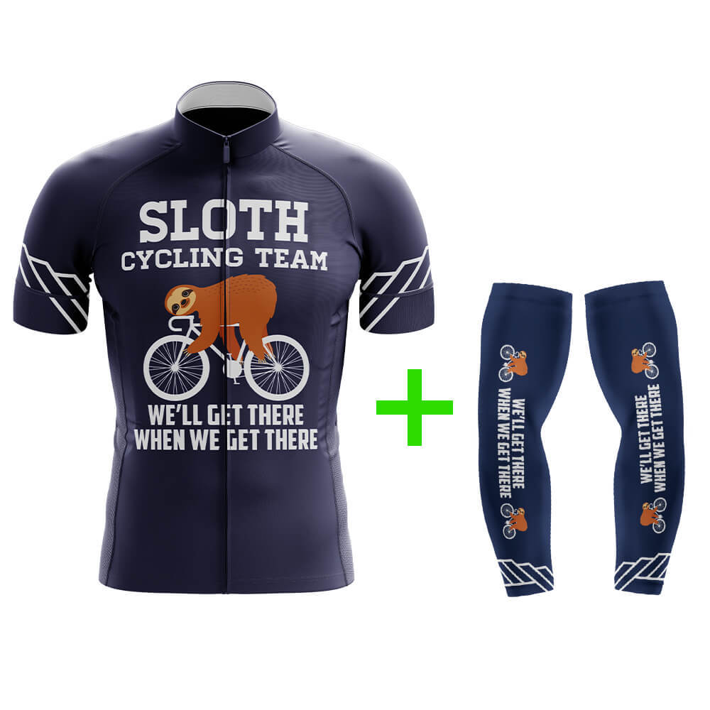 Funny Cycling Jersey With Arm Sleeves Sloth Cycling Team Navy Blue Mens Bike Jersey