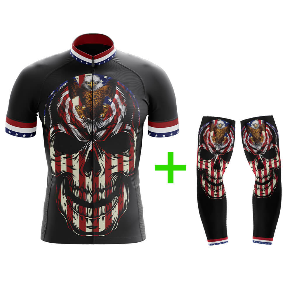 Cool Cycling Jersey With Arm Sleeves USA Flag Skull American Eagle Mens Bike Jersey