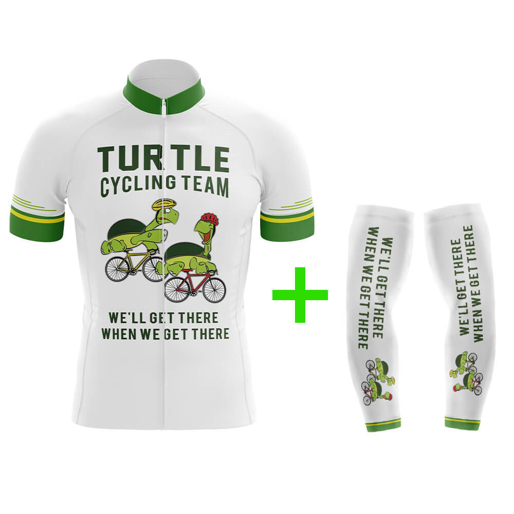 Funny Cycling Jersey With Arm Sleeves Turtle Cycling Team V4 White Green Mens Bike Jersey