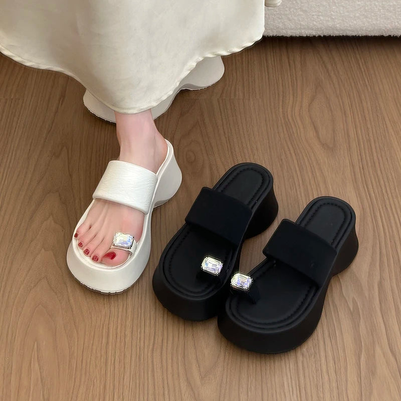 Platform Thick Bottom Women's Crystal Clip Toe Slippers Summer Fashion High Heels Slides Ladies Comfort Vacation Flip Flop Shoes